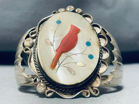 Cardinal Of Coral!! Vintage Native American Navajo Turquoise Sterling Silver Inlay Bracelet-Nativo Arts