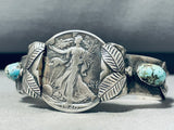 Amazing Vintage Native American Navajo Pilot Mountain Turquoise & Coin Sterling Silver Bracelet-Nativo Arts