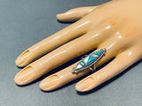 Native American Gorgeous Vintage Zuni Turquoise Inlay Sterling Silver Ring Old-Nativo Arts