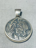 Dramatic Vintage Native American Hopi Inlay Turquoise Opal Chisled Dancer Silver Pendant-Nativo Arts
