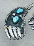 Gigantic Vintage Native American Navajo Bear Paw Turquoise Sterling Silver Earrings Old-Nativo Arts