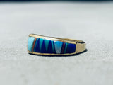 14k Gold Vintage Native American Navajo Size 7.5 Turquoise Inlay Ring-Nativo Arts