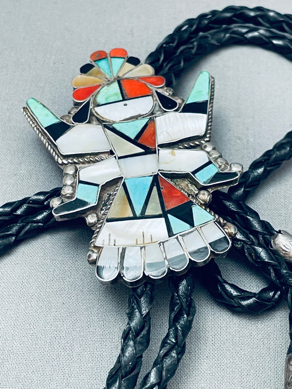 Intricate Kachina Vintage Native American Navajo Turquoise Coral Sterling Silver Bolo Tie-Nativo Arts