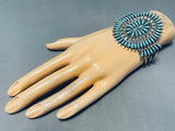 Superior Vintage Native American Navajo Signed Huge Turquoise Cluster Sterling Silver Bracelet-Nativo Arts