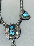 Fabulous Vintage Native American Navajo 4 Morenci Turquoise Sterling Silver Leaves Necklace-Nativo Arts