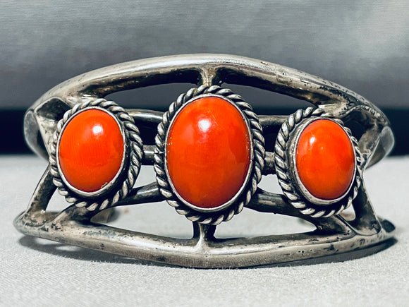 One Of The Best Vintage Native American Navajo Chunky Coral Sterling Silver Bracelet-Nativo Arts