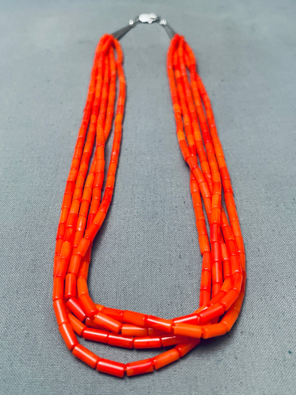Rare Native American Navajo Coral Tubed Heishi Sterling Silver Necklace-Nativo Arts
