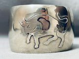 Wide Vintage Navajo Hand Tooled Bull Sterling Silver Bracelet Cuff