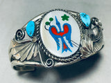 Superior Vintage Native American Zuni Bird Inlay Turquoise Sterling Silver Bracelet-Nativo Arts