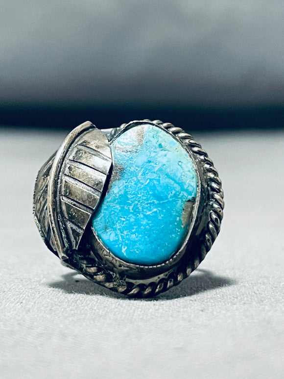 Irresistable Vintage Native American Navajo Blue Gem Turquoise Sterling Silver Leaf Ring-Nativo Arts
