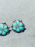 Cute Vintage Native American Zuni Blue Gem Turquoise Sterling Silver Flower Earrings-Nativo Arts