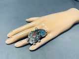 Huge Native American Navajo Turquoise Coral Sterling Silver Bear Ring-Nativo Arts