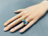 Intricate Vintage Turquoise Jet Inlay Sterling Silver Ring-Nativo Arts
