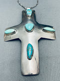 Gigantic Vintage Native American Navajo Hand Tooled Sterling Silver Turquoise Cross Necklace-Nativo Arts