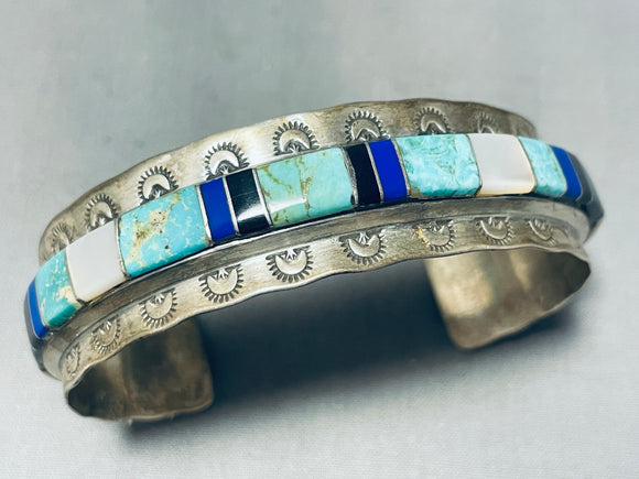 Rare Mine Vintage Native American Navajo Easter Blue Turquoise Inlay Sterling Silver Bracelet-Nativo Arts