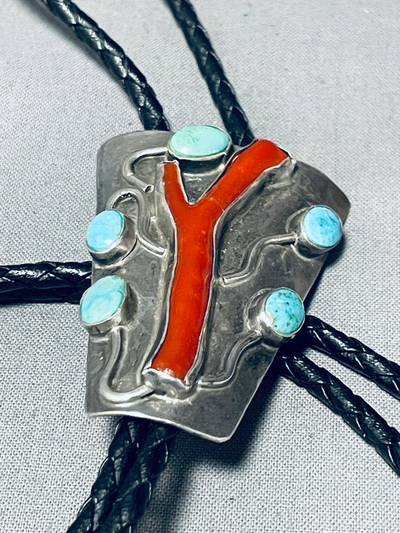 Massive Chun Coral Vintage Native American Navajo Turquoise Sterling Silver Bolo Tie-Nativo Arts