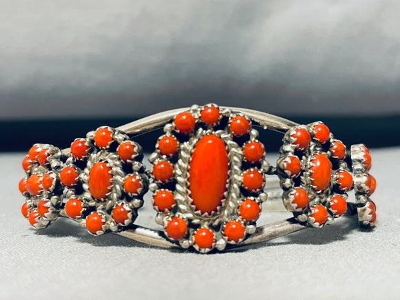 Native American Dropdead Fabulous Vintage Zuni Coral Sterling Silver Bracelet Cuff-Nativo Arts