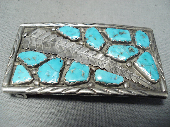 Wayne Cheama Vintage Native American Zuni Blue Gem Turquoise Sterling Silver Buckle-Nativo Arts