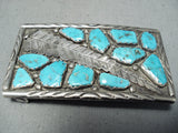 Wayne Cheama Vintage Native American Zuni Blue Gem Turquoise Sterling Silver Buckle-Nativo Arts