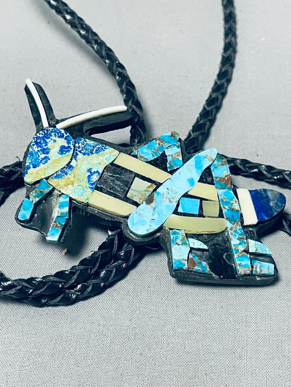 Native American Grasshopper Signed Santo Domingo Inlay Turquoise Silver Bolo-Nativo Arts