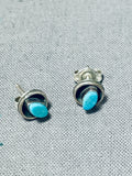 Sweet Vintage Native American Zuni Blue Gem Turquoise Sterling Silver Post Earrings-Nativo Arts