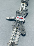 Cute Native American Navajo Dragonfly Coral Inlay Sterling Silver Squash Blossom Necklace-Nativo Arts