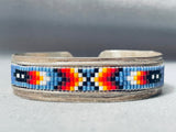 Hand Beaded Intricate Vintage Native American Navajo Sterling Silver Bracelet