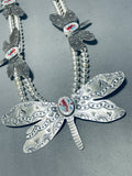 Cute Native American Navajo Dragonfly Coral Inlay Sterling Silver Squash Blossom Necklace-Nativo Arts