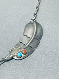 Signed Vintage Native American Navajo Long Feather Sterling Silver Turquoise Necklace-Nativo Arts