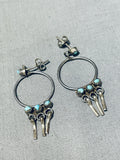 Attractive Vintage Native American Zuni Blue Gem Turquoise Sterling Silver Hoop Earrings-Nativo Arts