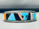 One Of Most Unique Vintage Native American Zuni Turquoise Inlay Sterling Silver Bracelet-Nativo Arts