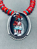 Coral Mudhead Dancer Native American Zuni Turquoise Inlay Sterling Silver Necklace-Nativo Arts