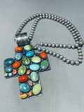 131 Grams Vintage Native American Navajo Turquoise Sterling Silver Cross Necklace-Nativo Arts
