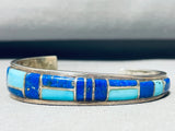 6.5 Inch Wrist Vintage Native American Navajo Turquoise Lapis Inlay Sterling Silver Bracelet-Nativo Arts