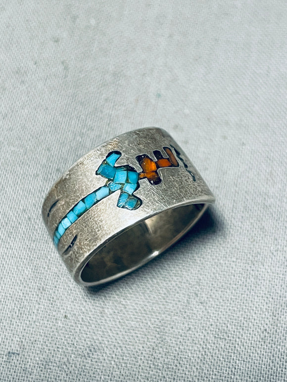 Fantastic Vintage Native American Navajo Turquoise Coral Chip Inlay Kachina Silver Ring-Nativo Arts