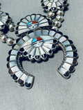 Dropdead Fab Vintage Native American Zuni Turquoise Inlay Sterling Squash Blossom Necklace-Nativo Arts