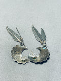Fabulous Vintage Native American Navajo Blue Gem Turquoise Sterling Silver Dangle Earrings-Nativo Arts