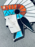 One Of Most Detailed Vintage Navajo Turquoise Inlay Sterling Silver Chief Pin