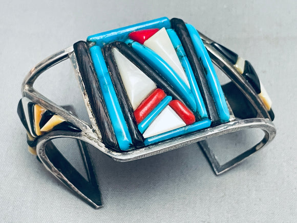 One Of The Coolest Vintage Native American Zuni Turquoise Inlay Sterling Silver Bracelet-Nativo Arts