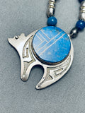 Incredible Vintage Native American Navajo Lapis Bear Sterling Silver Inlay Necklace-Nativo Arts
