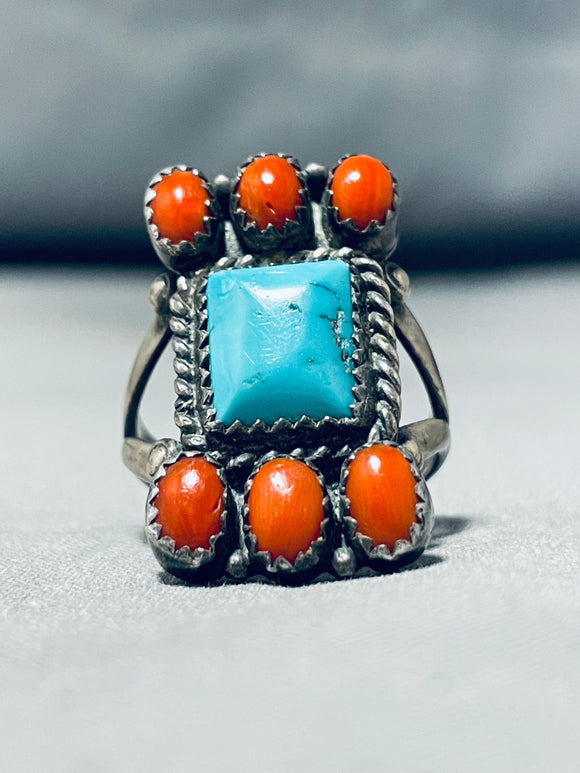 Ben Dubois Vintage Signed Native American Navajo Blue Gem Turquoise Corals Sterling Silver Ring-Nativo Arts