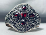 Detailed Vintage Southwest Faux Ruby Sterling Silver Swirl Bracelet