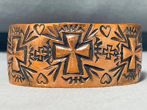 Ronnie Willie Native American Navajo Copper Cross Heart Bracelet-Nativo Arts