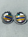 Native American Intricate Vintage Zuni Lapis Sterling Silver Inlay Earrings-Nativo Arts