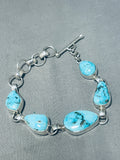 Brilliant Native American Navajo Signed Kingman Turquoise Sterling Silver Link Braclet-Nativo Arts