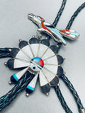 Most Unique Vintage Native American Zuni Turquoise Inlay Sterling Silver Bolo Tie-Nativo Arts