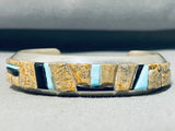 Signed Vintage Native American Navajo Blue Gem Turquoise Jet Sterling Silver Bracelet-Nativo Arts