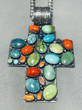 131 Grams Vintage Native American Navajo Turquoise Sterling Silver Cross Necklace-Nativo Arts