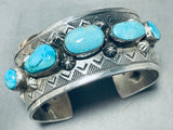 Signed Vintage Native American Navajo Old Kingman Turquoise Sterling Silver Bracelet-Nativo Arts