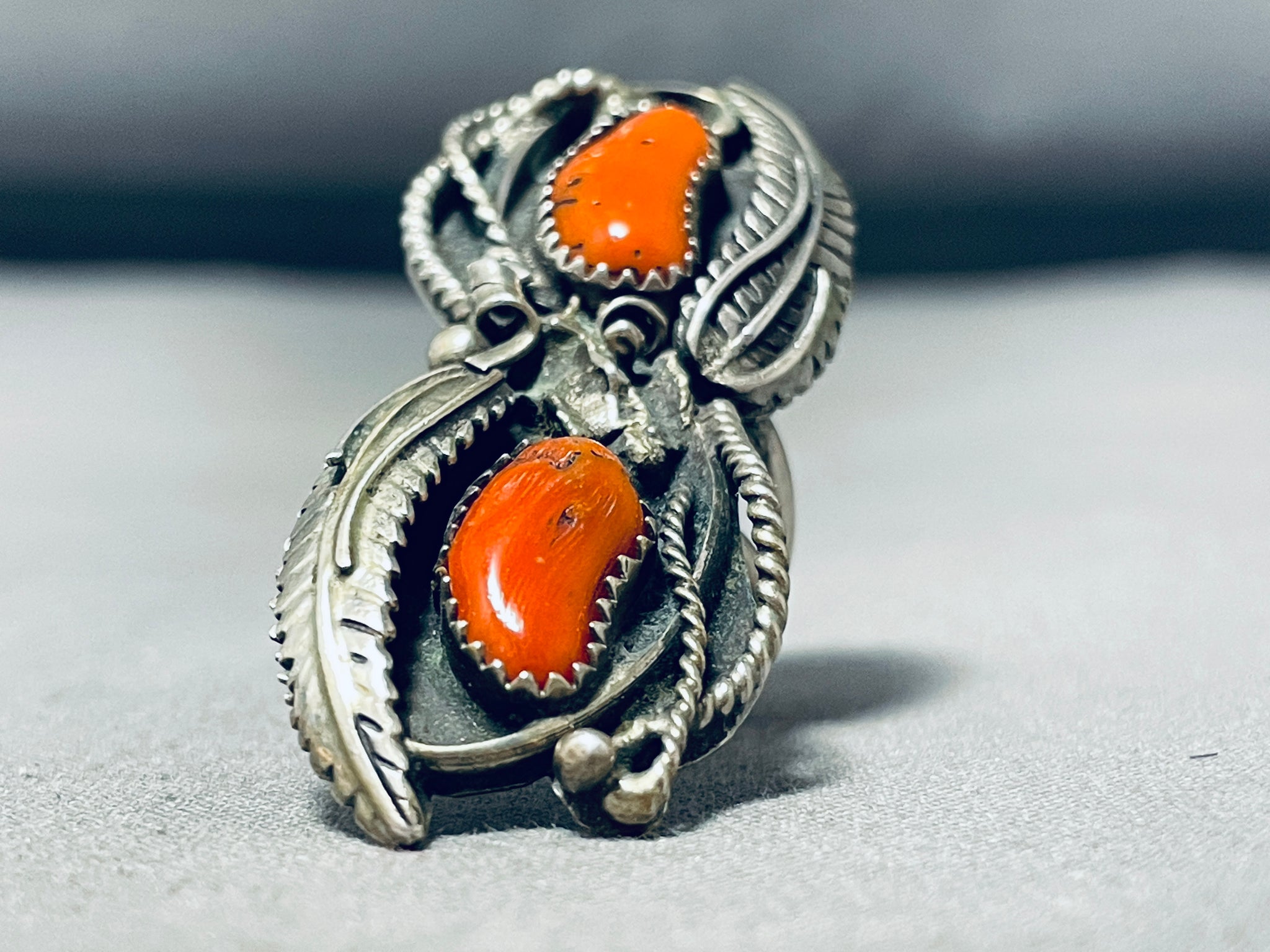 Superior Vintage Native American Navajo Coral Sterling Silver Ring